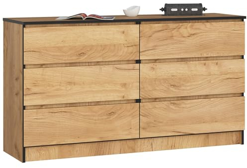 AKORD Commode K-140 avec 6 Tiroirs | Commode Classique pour La Chambre, Salon | Meuble de Rangement | L138 x H77 x P40 cm, Poids 51 kg | Chêne d'artisanat