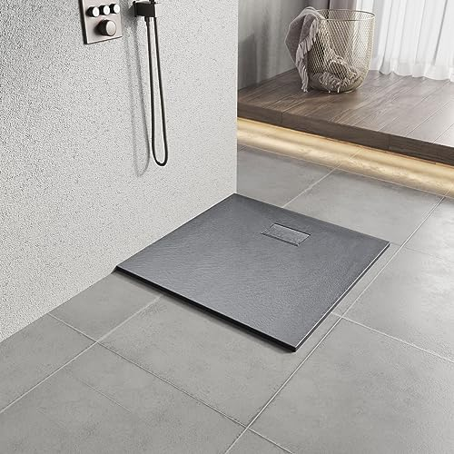 Heilmetz Piatto doccia in vetro 80x80x2,6cm - ReSine SMC, piatto doccia con scarico incluso, per cabine doccia, effetto pietra, grigio