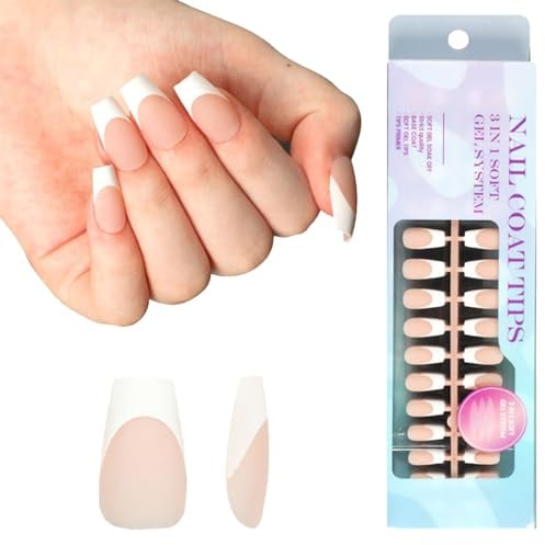 3 in 1 Nails Tips French False Nail Tips 300Pcs Square Coffin French Press on Nails - Pre Applied Tip Base Coat Cover, Soft Gel Fake Nails for Nail Extension Easy DIY, Nude