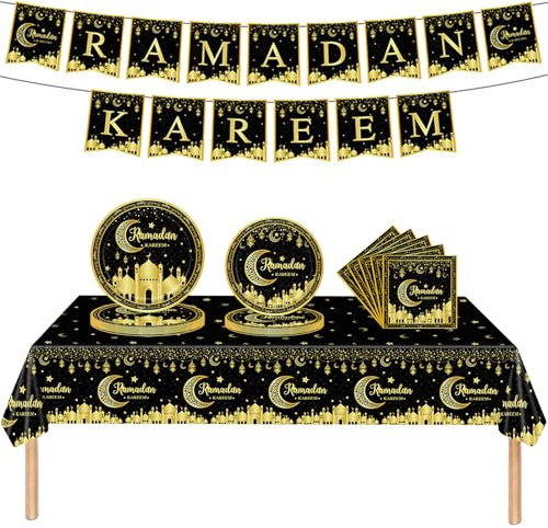 54Pcs Ramadan kareem Tableware Set,Black Gold Moon&Star Ramadan Decorations for Home Including 1P Table Cloth,32P Paper Plates,20P Napkins and 1 Set Ramadan kareem Banner for Ramadan Table Decors