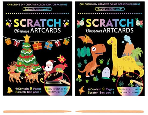 Georgie Porgy Weihnachten Kratzbilder Set DIY Bastelsets für Kinder Magic Scratch Paper Kratzpapier Kratzbuch Notizbuch Geburtstagsgeschenk für Jungen Mädchen (Dinosaurier Weihnachten)