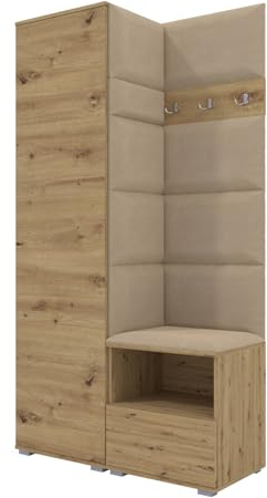 RAVIO Garderoben-Set NELA I mit Kleiderschrank & 3 Doppelhaken, 100cm Flurgarderobe mit Garderobenpaneel & Schuhschrank (Artisan Eiche + Beige (Trinity 04))