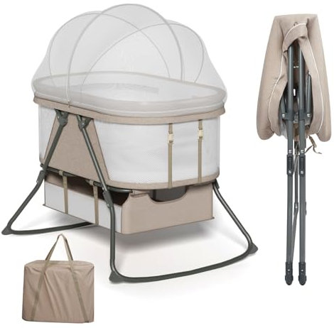 KORIMEFA 2 in 1 Beistellbett, Kinderreisebett, Faltbares beistellbett Baby, Babywanne mit Lagerungstasche, doppelt verstärktes Kinderbett mit Matratze, Moskitonetz, Khaki