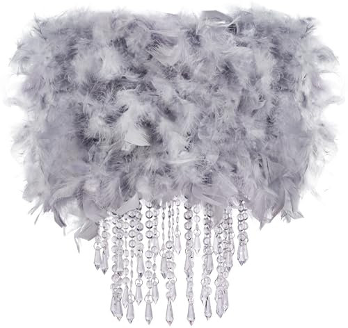 Waneway Plume Abat-jour avec Gouttes D'acrylique, Shade Moelleux pour Lampe de Plafond, Lampe Suspendue, Lustre, Décoration pour Chambre, Salon ou Couloir, Gris
