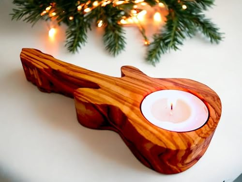 Handcrafted Olive Wood Tealight Candle Holder | Natural Rustic Decorative Candle Stand for Home Decor Gift | Eco-Friendly Wood Candle Holder | Guitar (15cm * 6cm * 2cm)