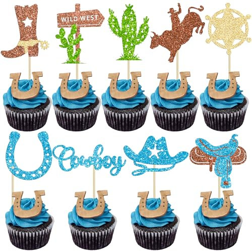 Gyufise 36Pcs Cowboy Cupcake Toppers Glitter Western Cupcake Decorations HorseShoe Cowboy Hats Boots Cupcake Picks for Western Baby Shower Boys Girls Birthday Party Cake Decorations Blue