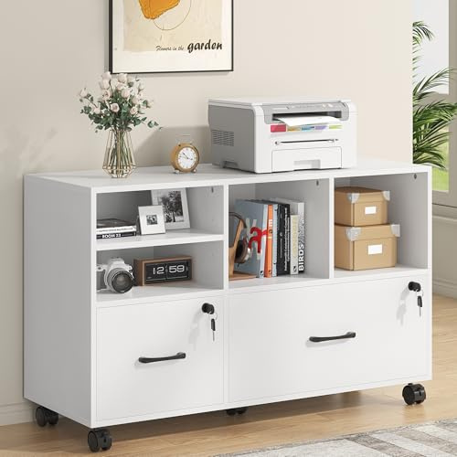 Nosepen Mobile in legno con 2 cassetti, grande schedario laterale con serratura, con serratura, con ripiani portaoggetti, supporto per stampante, ufficio, per casa e ufficio, adatto per documenti