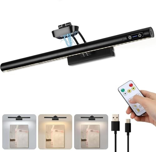 Lampop Rechargeable Picture Lights for Wall 5000 mAh Battery Operated Wall Lights with Remote, Timer, Dimmable 3Colors, 19.7inch Metal Wireless Picture Lights for Painting, Gallery, Black