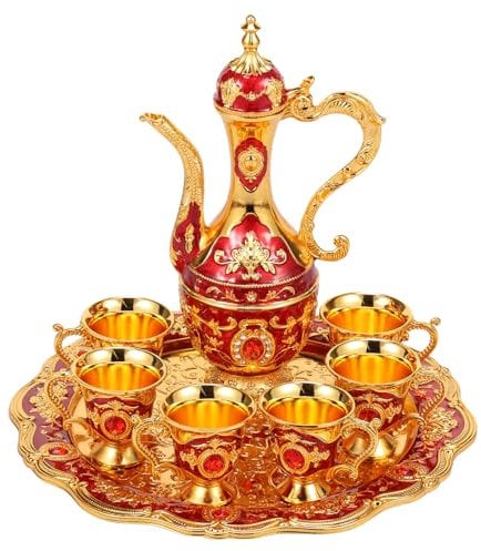 GWCYMYD Turkish Teapot Set, Vintage Turkish Coffee Set with Pot Tray 6 Cups, Alloy Decorative Tea Pot Sets for Home Living Room Bar Party