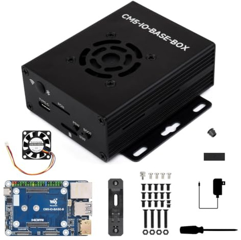 Waveshare Mini Base Board, Mini-WaComputer Designed for Raspberry Pi Compute Module 5 (NOT Included), Onboard EEPROM and Encryption Chip, Including Metal Case and Power Supply