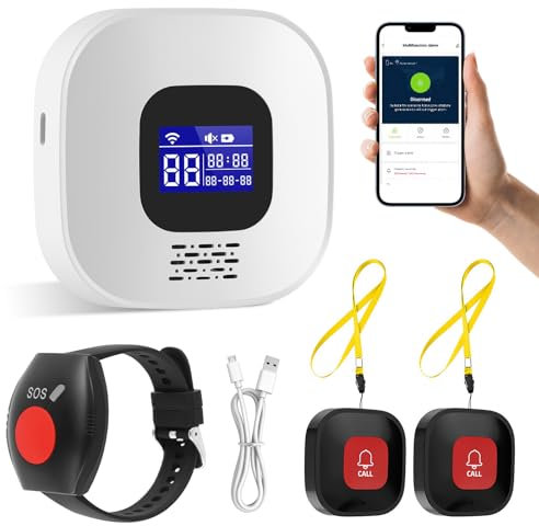 Allarmi personali WiFi per anziani, pulsante di allarme antipanico wireless ricaricabile, pulsante di chiamata per anziani, allarmi personali per anziani, pazienti disabili (1 ricevitore+2 pulsanti di