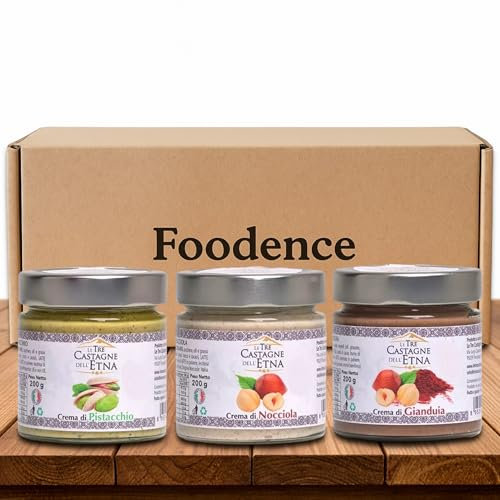 Foodence – Trio de Crèmes Gourmandes à Tartiner – Pistache, Noisette, Gianduia – Coffret Cadeau – 3×200g – Fabriqué en Italie, en Sicile