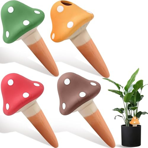 Zheigaoxea 4PCS Terracotta Spikes, Mushroom Shaped Self Watering Globes, Slow Release Self Watering Planter Insert, Plant Watering Globes for Indoor and Outdoor Plants