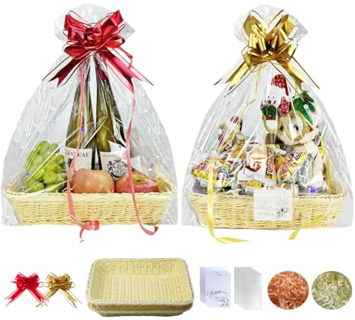2PCS 35x25x7cm Gift Basket Hamper Wrapping Kit,Empty Diy Wicker Hamper Basket With Cellophane Wrap,Bow,Greeting Cards,Shredded Paper for Christmas,Easter Gift,Birthday,Wedding
