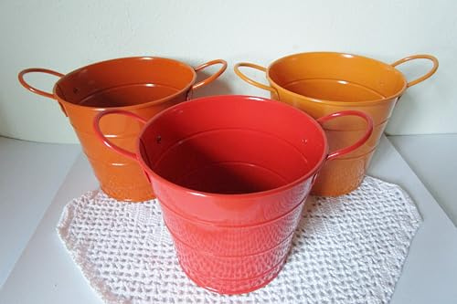 Generisch 3er Set Übertopf orange - rot aus Metall 12 cm hoch kleine Eimer Übertöpfe Blumenübertopf Gartendeko Metallübertöpfe