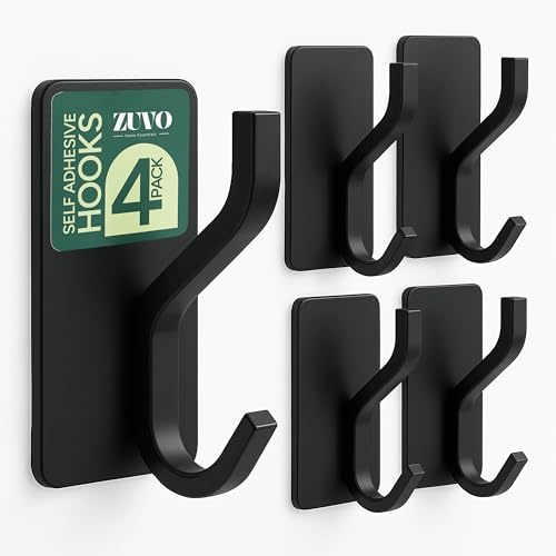 Zuvo Self Adhesive Hooks, Heavy Duty No Drill Wall Hooks, Black, 4 Pack