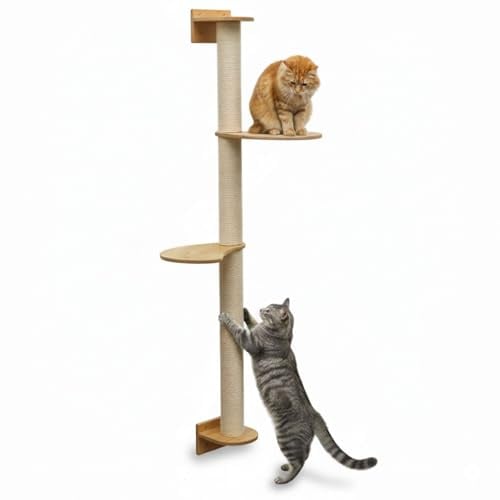 eyepower 130 cm Arbre à Chat Mural Luna avec 2 Plateaux Bois - Grand Poteau à Griffer en Sisal Fixation Murale - Griffoir Bambou pour Chats d’Intérieur - Élément d’Escalade pour Griffer - Mur Grimper