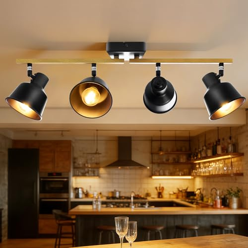Aulaiyi Deckenstrahler 4 Flammig, Schwenkbar 350°, Vintage Deckenspots, E14 Fassung Industrial Holzmaserung light für Küche, Wohnzimmer, Schlafzimmer, Schwarz (Ohne Leuchtmittel)