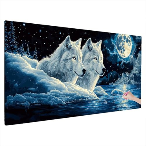 Wolf Diamond Painting Groß XXL 110x50cm, Diamant Painting Bilder Mond Muster, DIY Set Erwachsene mit Eckige Steine, Kreativ Set für Erwachsene, Herbstdeko, Geschenke für Frauen Weihnachtsdeko B-1