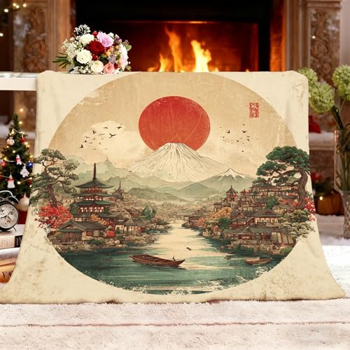 Kuscheldecke Flauschig Decke Fleecedecke L 100x130cm Japanische Retro-Architektur Sofadecke Wolldecke Warme Weiche Beige Decken Überwurf für Sofa Couch Bett Raumdekoration