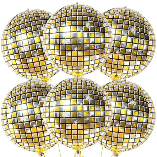 Koboko 6 Stk Discokugel Luftballon, 22Zoll 4D Discokugel Ballon Gold Silber, Disco Kugel Luftballons Gold Silber, Disco Ball Folienballons für Geburtstag,Silvester,Karneval,70 80 90er Jahre Party Deko