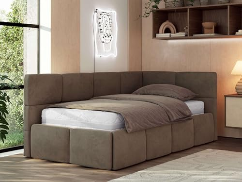 MKS MEBLE Jugendbett ARVO 90x200 cm mit Lattenrost und Bettkasten, Polsterbett mit gepolstertem Kopfteil und Gasdruckfedern, Eckbett mit Stauraum - mit Pocket-Matratze - Braun Velvet - Rechts Seite