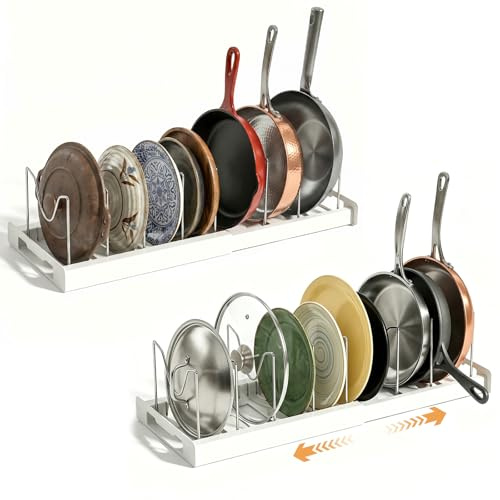 zxevg 2 Pack White Pots & Pans Organiser 30-56cm | Expandable organiser with 10 dividers for pots, pans, lids & plates. Space-saving for kitchen cabinets & drawers
