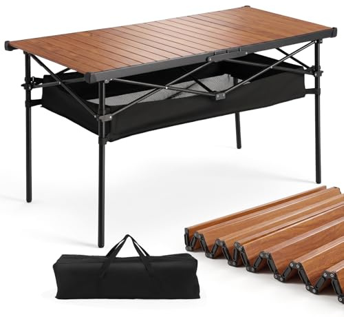 Sekey Campingtisch Faltbar, 120x60x69cm, Aufrollbare Tischplatte Klapptisch mit Aluminiumrahmen bis 30kg, Tragbar Falttisch Klappbar inkl. Tragetasche mit Netztasche, Holz-Optik