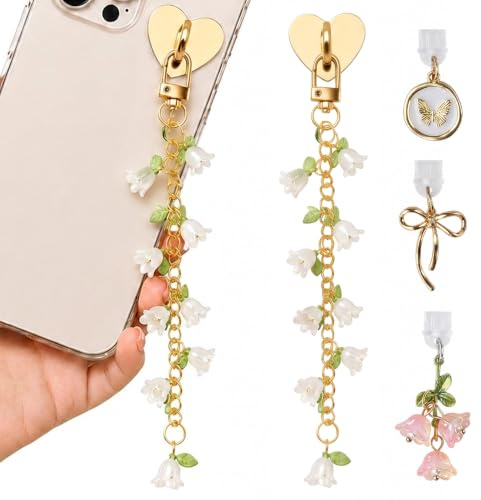 5 Stück Kindle Charm Set Kindle Charms Kette Type-C Staubstecker Anhänger | Schleife Orchidee Schmetterling Staubschutz Handy Herz Handy Ringhalter Blumen Phone Charm Cute Keychain Taschenanhänger