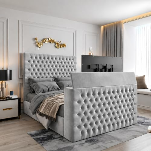 Urban Craft Plush Velvet TV Bed Frame with Remote Controlled TV Lift, Storage & Mattress Luxury Upholstered Panel Bed, Fits TVs up to 50 Inches, Plush Silver, King, Without Mattress & Ottoman Storage