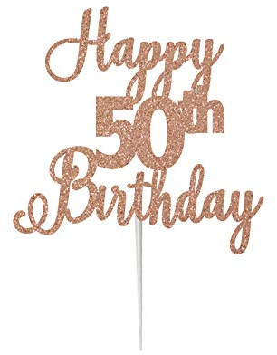 LissieLou Tortenaufsatz Happy 50th Birthday, in schöner Glitzer-Karte, hergestellt in Großbritannien, Rotgold