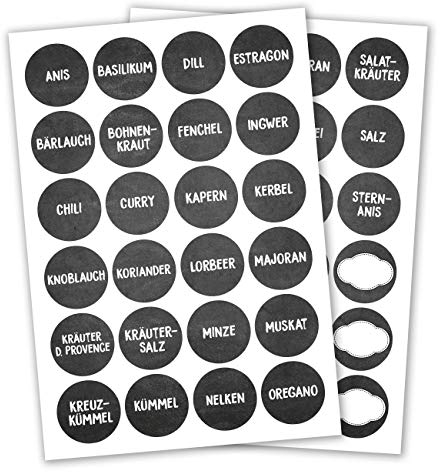 Papierdrachen 24 runde selbstklebende Gewürzetiketten/Gewürzaufkleber - Ideal für Gewürz-Regale, Dosen und Gläser - elegante, moderne und zeitlose Sticker Ø 4cm - Motiv Tafel Set 1
