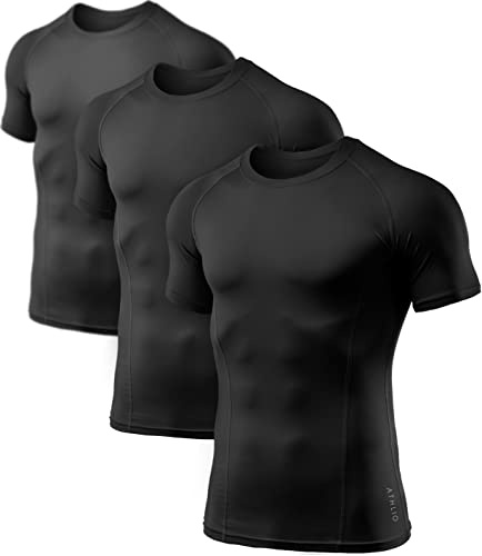 ATHLIO Men's Cool Dry Short Sleeve Compression Shirts, Sports Baselayer T-Shirts Tops, Athletic Workout Shirt, 3pack Black, Medium
