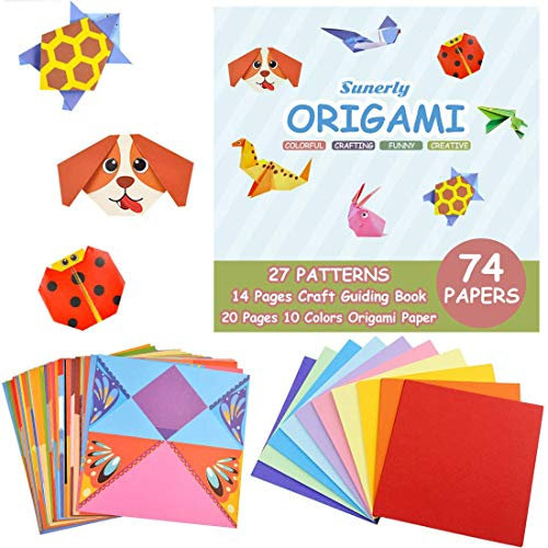 Sunerly Buntes Origami-Papier mit 14-seitigem Lehrbuch 74 doppelseitigen, lebendigen Origami-Papieren 27 Bastelprojekte Weihnachten Origami DIY Kunst für Kinder