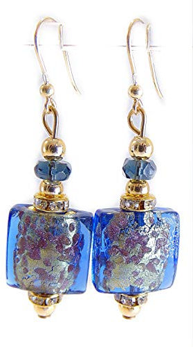 VENEZIA CLASSICA - Boucles d'oreilles pour femme avec perles en verre de Murano original, collection Lily, avec feuille en or 24 carats, fabriquées en Italie certifié bleu