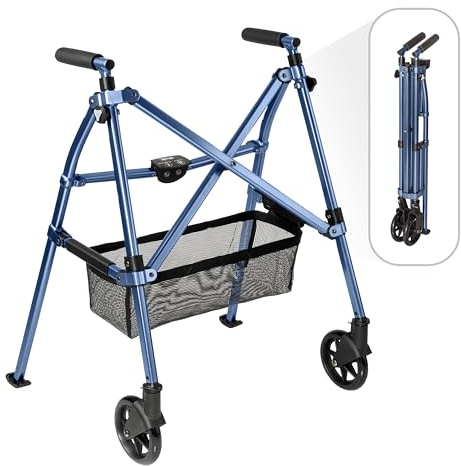Stander EZ Fold-N-Go Walker Micro, Lightweight Folding Walker for Short Seniors with Swivel Wheels, Cobalt Blue (Eligible for VAT Relief in the UK)