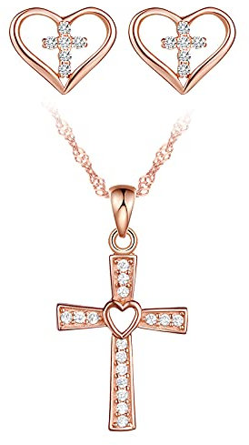 Yumilok Cross Jewelry Sets Silver Necklace Heart Stud Earrings Set Jewellery for Women, Rose gold