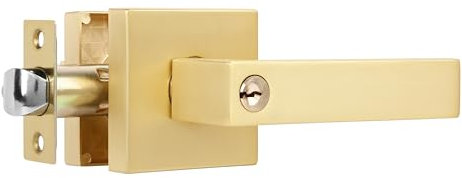Heittis 1 Pack Brushed Gold Door Knobs Heavy Square Gold Door Knob with Lock, Left/Right Hand Reversible, Door Lever for Front/Exterior, Gold Door Handles Interior