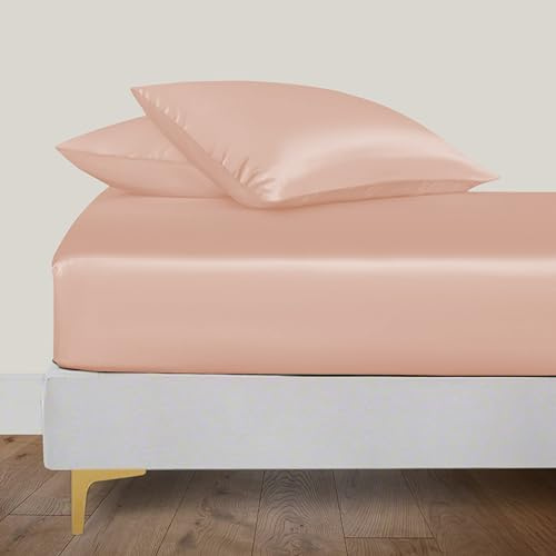 LINENWALAS Single Fitted Sheet 89x190 cm, 100% Organic Bamboo Silk Bed Sheet for Single Size Bed, Up to 40 cm Deep Pocket Bottom Sheet, Soft, Cooling Hypoallergenic Bedding (Rose Gold)