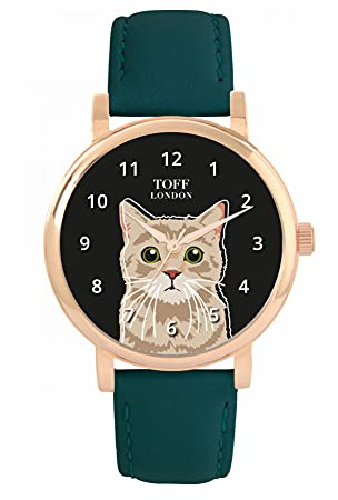 Toff London Beige Tabby Katzenkopfuhr Damen 38mm Gehäuse 3atm wasserdichtes Quarzwerk Luxus modisch