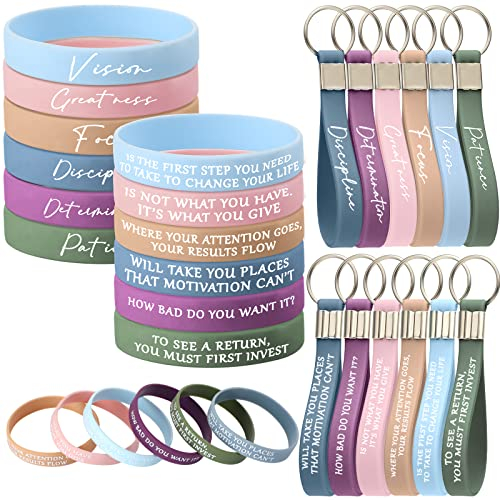 24 Stück Motivierende Silikon-Armbänder Inspirierendes Zitat Schlüsselanhänger Silikon Armbänder Outdoor Gastgeschenk für Männer Frauen, Frische Farbe, Einheitsgröße