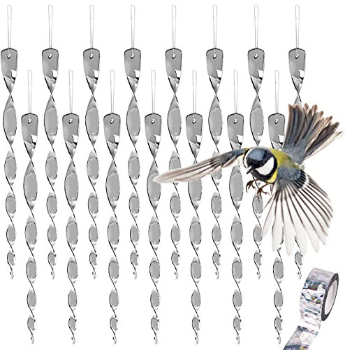QUACOWW 15 Pack Vogelabwehrstangen Windspirale Vogelabwehr 12 Zoll mit 50m Vogelabwehrband Vogelabwehrgerät zum Schutz von Blumen und Garten Haus, Hof, Terrasse