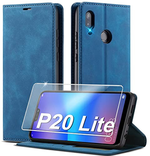 Handyhülle für Huawei P20 Lite Hülle Leder [Mit P20 Lite Panzerglas] für Huawei P20 Lite Hülle Klappbar Flip Stoßfeste Leder Wallet Silikon Klapphülle Case Cover Schutzhülle für Huawei P20 Lite Hülle