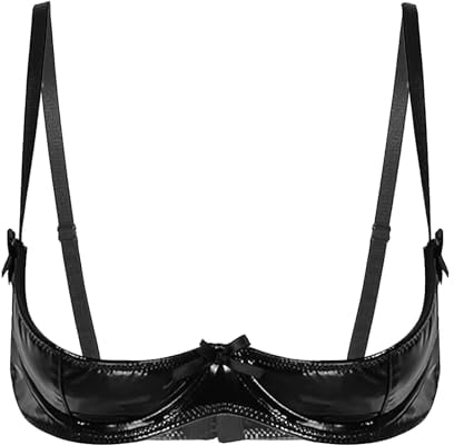 CHICTRY Women's PVC Leather 1/4 Cups Shelf Bra Top Underwired Open Nipple Push Up Bralette Lingerie 3# Black L
