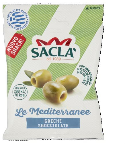Saclà, Olive Verdi Greche Denocciolate, Snack Salato con 70 kcal, Ideali On-The-GO in Ogni Momento della Giornata, Monoporzione da 50g, Confezione da 12 Pezzi
