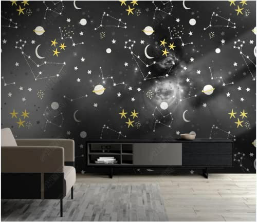 Wesmilewallpapaer Fototapete 3D Tapete 430x300cm Schwarz Und Weiß Kunst Sternenhimmel Universum Sterne Mond Schlafzimmer Vliestapete Wandbelag Wanddeko