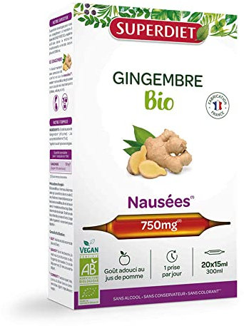 SUPERDIET - GINGEMBRE BIO - Nausées, Mal des transports, Grossesse -100% Pur jus - Fabriqué en France - 20 ampoules de 15 ml