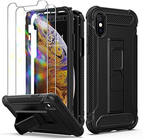 ORETECH [5-in-1 für iPhone XS MAX Hülle, mit [2 Stück Schutzfolie, Ständer, Vordere und Hintere Hülle], Handyhülle iPhone XS Max, [Militärschutz] Stoßfest Schutzhülle Hülle iPhone XS Max 6,5 Schwarz