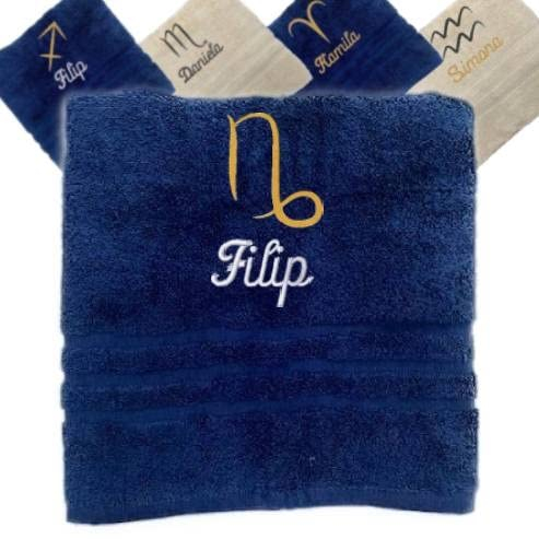 Pet-Jos Handtuch mit Namen und Sternzeichen, Personalisiertes Geschenk, Besticktes Handtuch Geschenkhandtuch 50x100 cm (Dunkelblau, Steinbock)