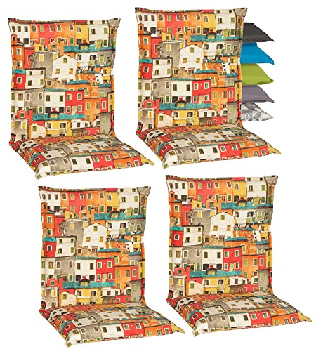 Beo Niedriglehner Auflagen 4er Set Waschbar Turin | Made in EU Premium-Qualität | UV-beständige Gartenstuhlauflage Niedriglehner | Atmungsaktive Stuhlauflage Niedriglehner mit Sardinien-Muster
